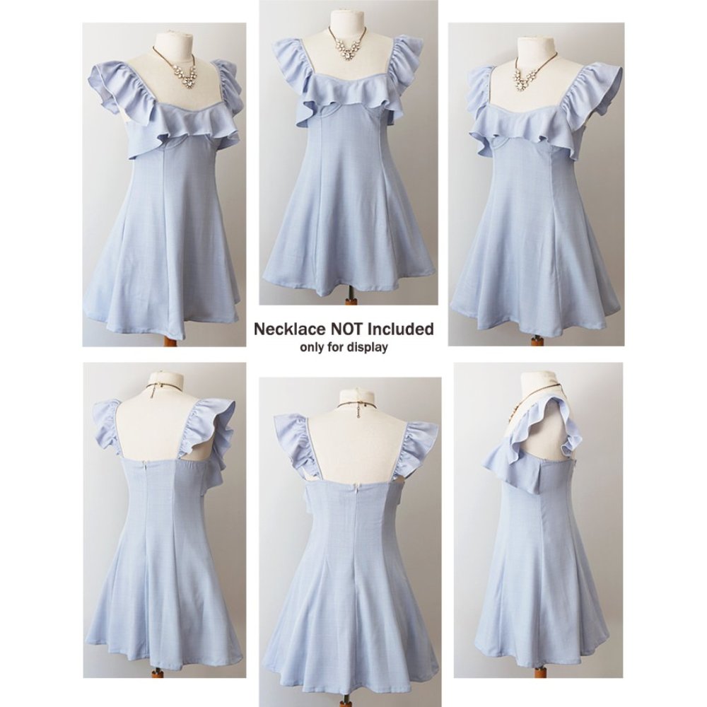 Light Blue Plaid Ruffle Sweetheart Fit Flare Dress - Picture 7 of 8